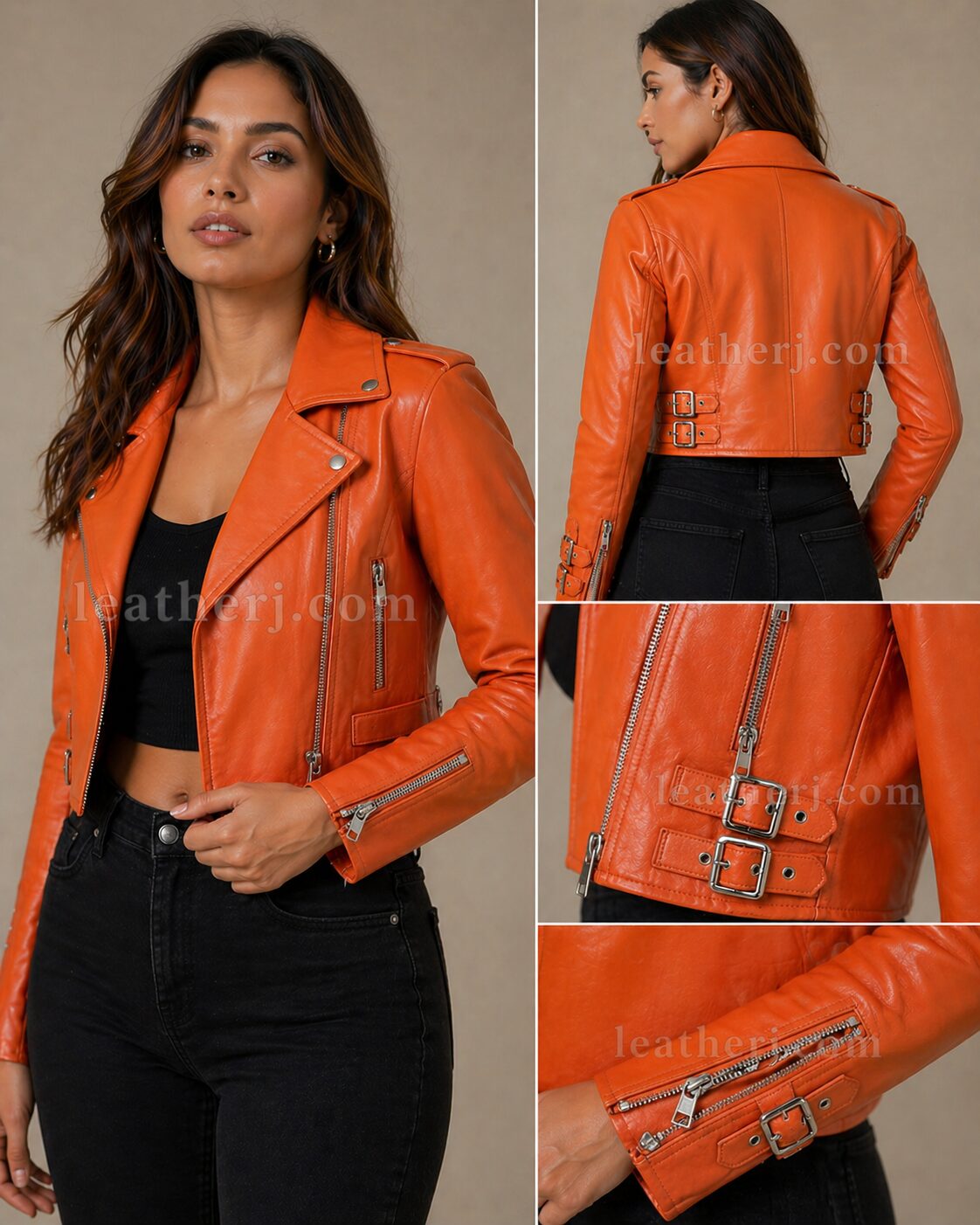 Orange Cropped Women’s Leather Jacket with Zipper & Buckle Details
