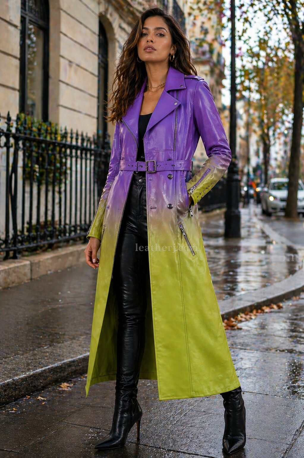Purple & Lime Ombre Women’s Long Leather Coat