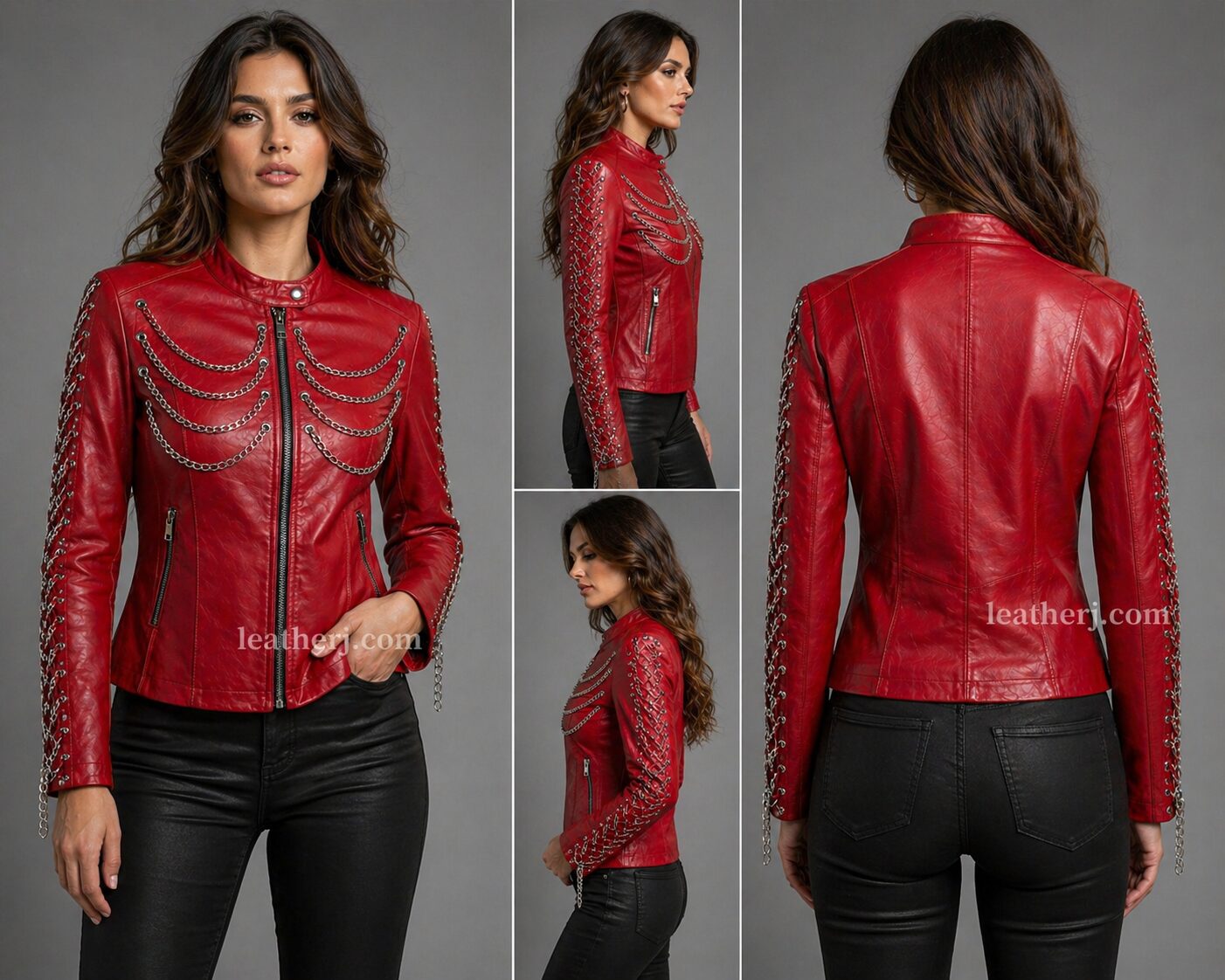 Red Women’s Leather Jacket with Chain Embellishments