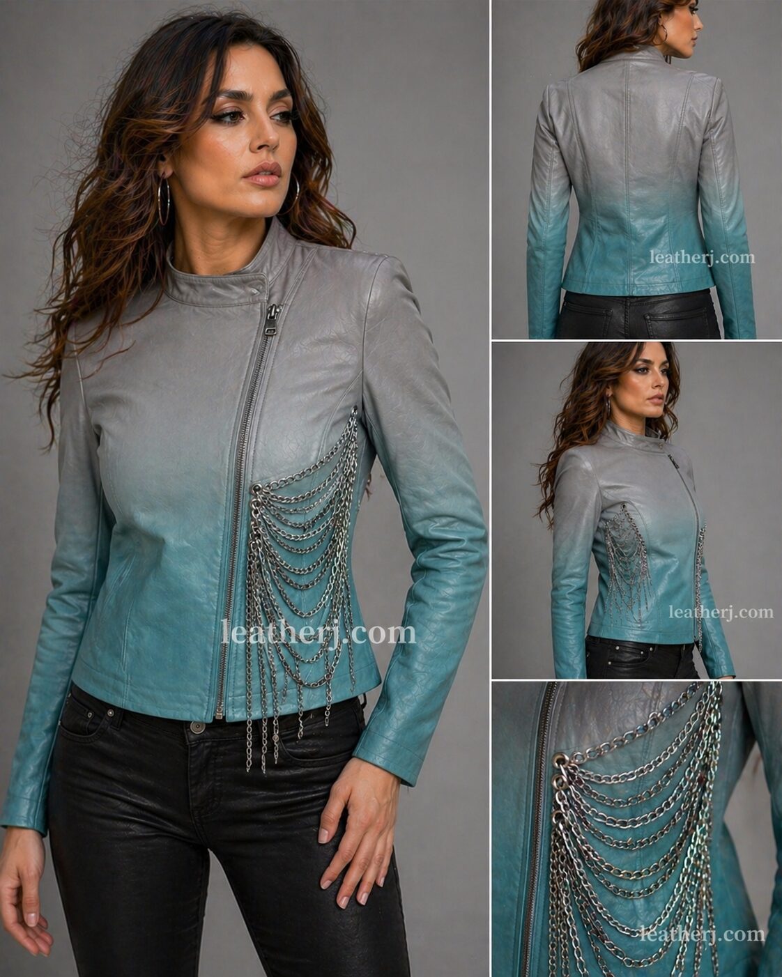 Grey & Sea Blue Ombre Women’s Leather Jacket with Chain Pocket Detail