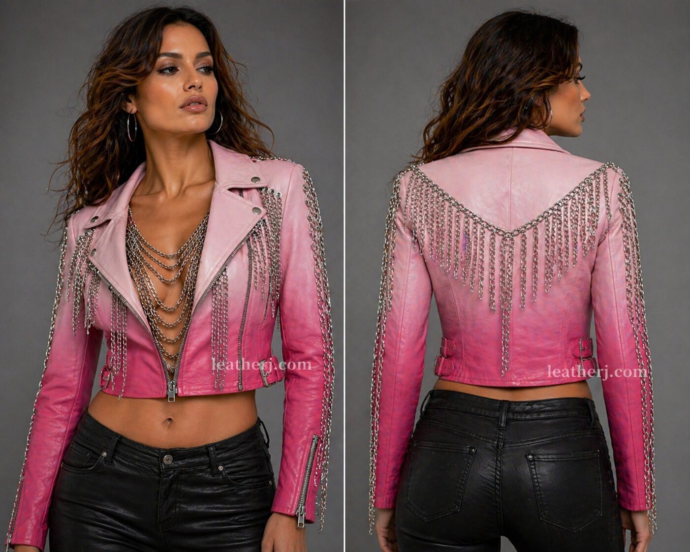 Pink Ombre Cropped Women’s Leather Jacket with Chain Detailing
