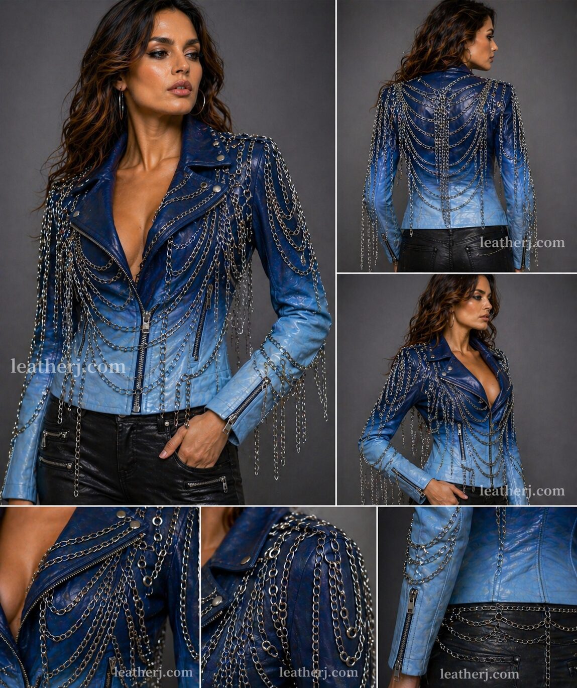1Dark Blue & Light Blue Ombre Women’s Leather Jacket with Chain Detailing