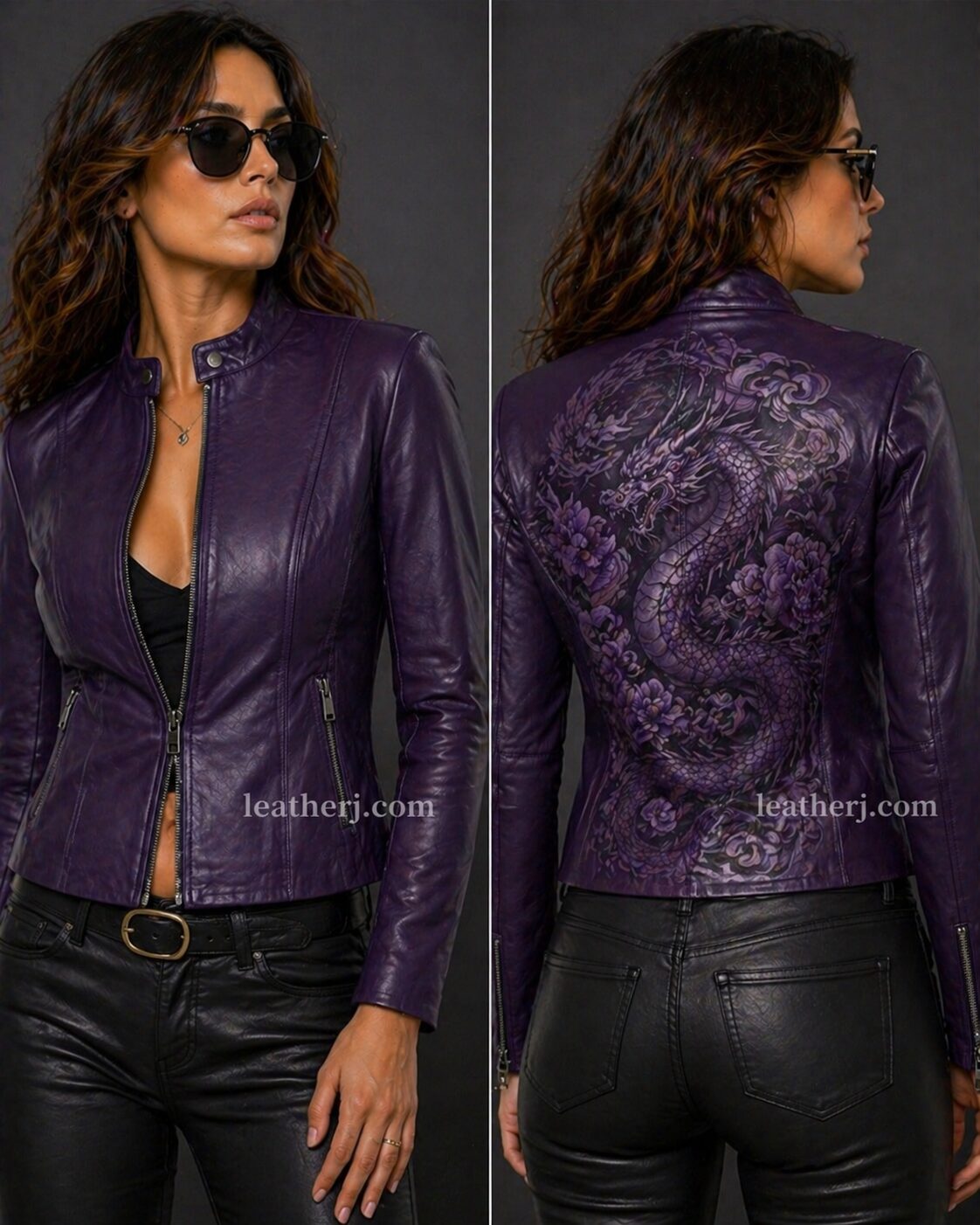 Dark Purple Women’s Leather Jacket with Printed Back Design