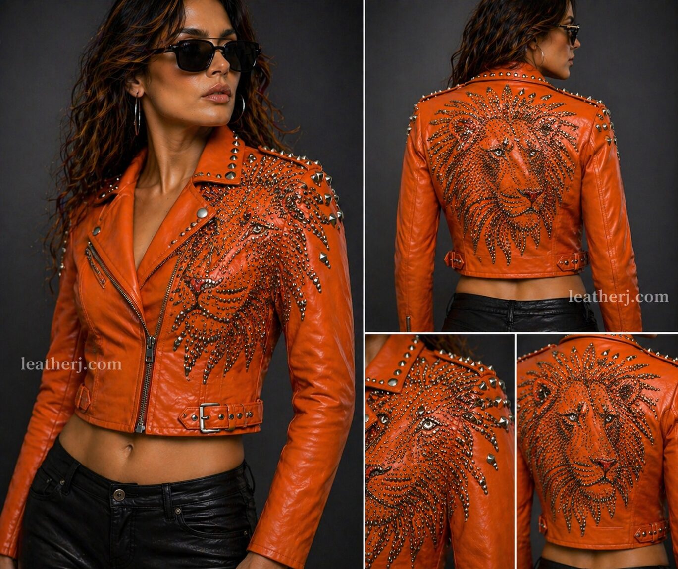 Orange Cropped Women’s Leather Jacket with Studded Lion Design