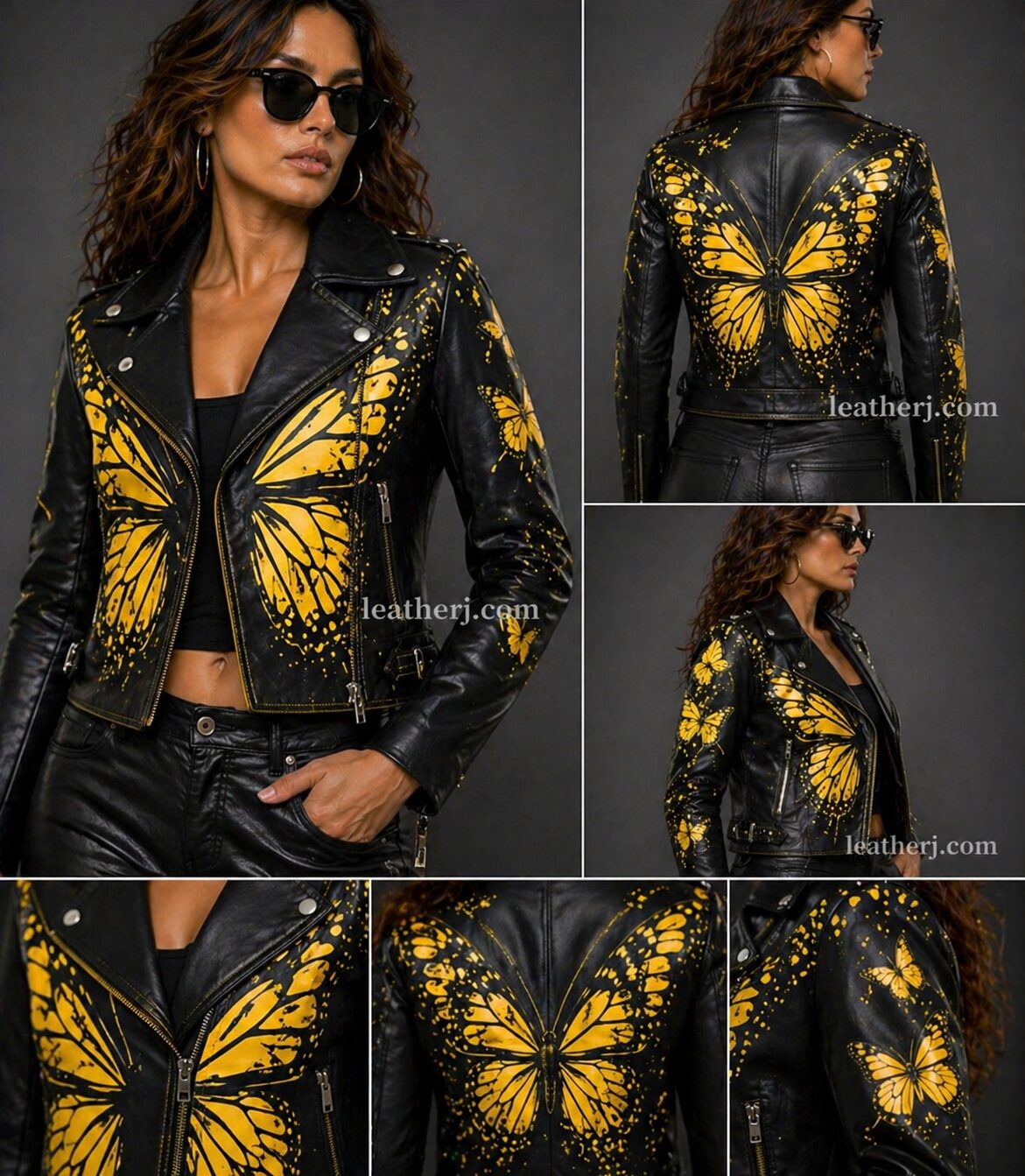 Black Women’s Leather Jacket with Yellow Butterfly Print