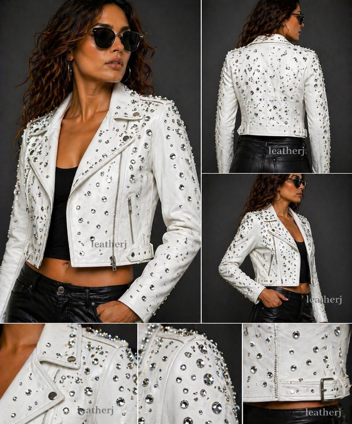 White Cropped Women’s Leather Jacket with Crystal Stud Detailing