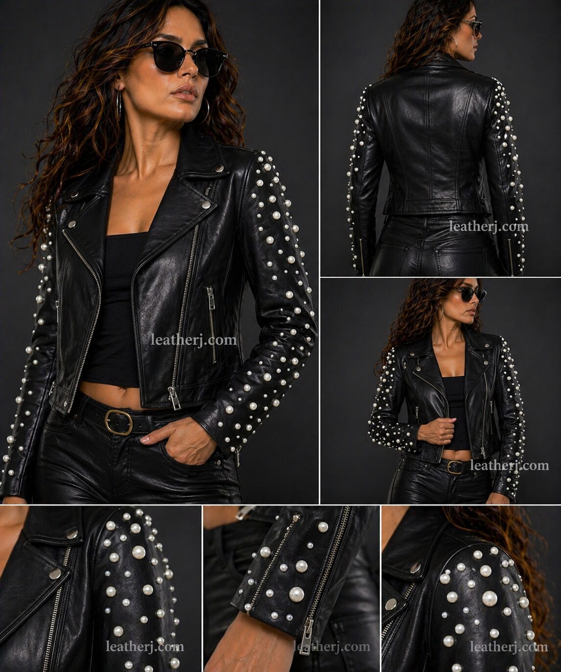 Black Women’s Leather Jacket with Pearl-Embellished Sleeves