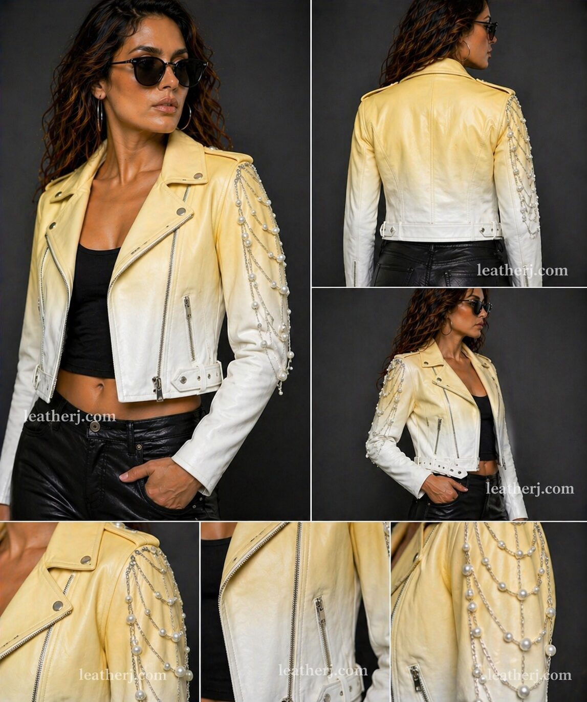 Light Yellow & White Ombre Women’s Leather Jacket with Pearl Chain Sleeve