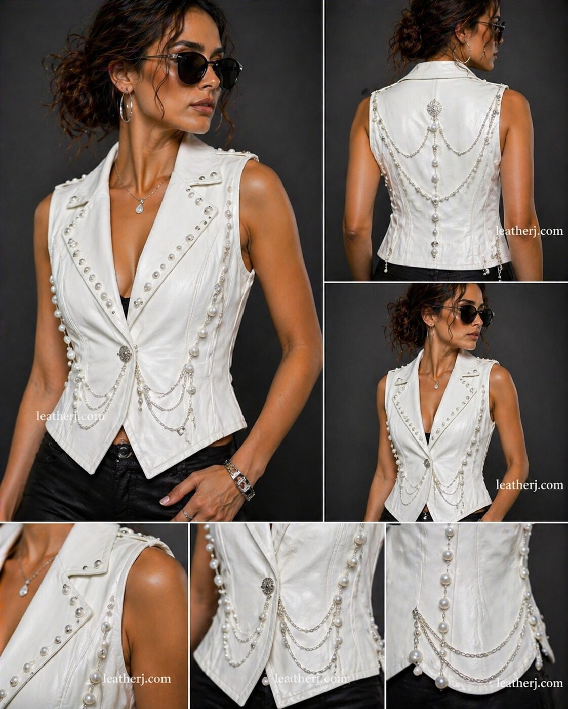 White Women’s Leather Vest with Pearl & Chain Embellishments