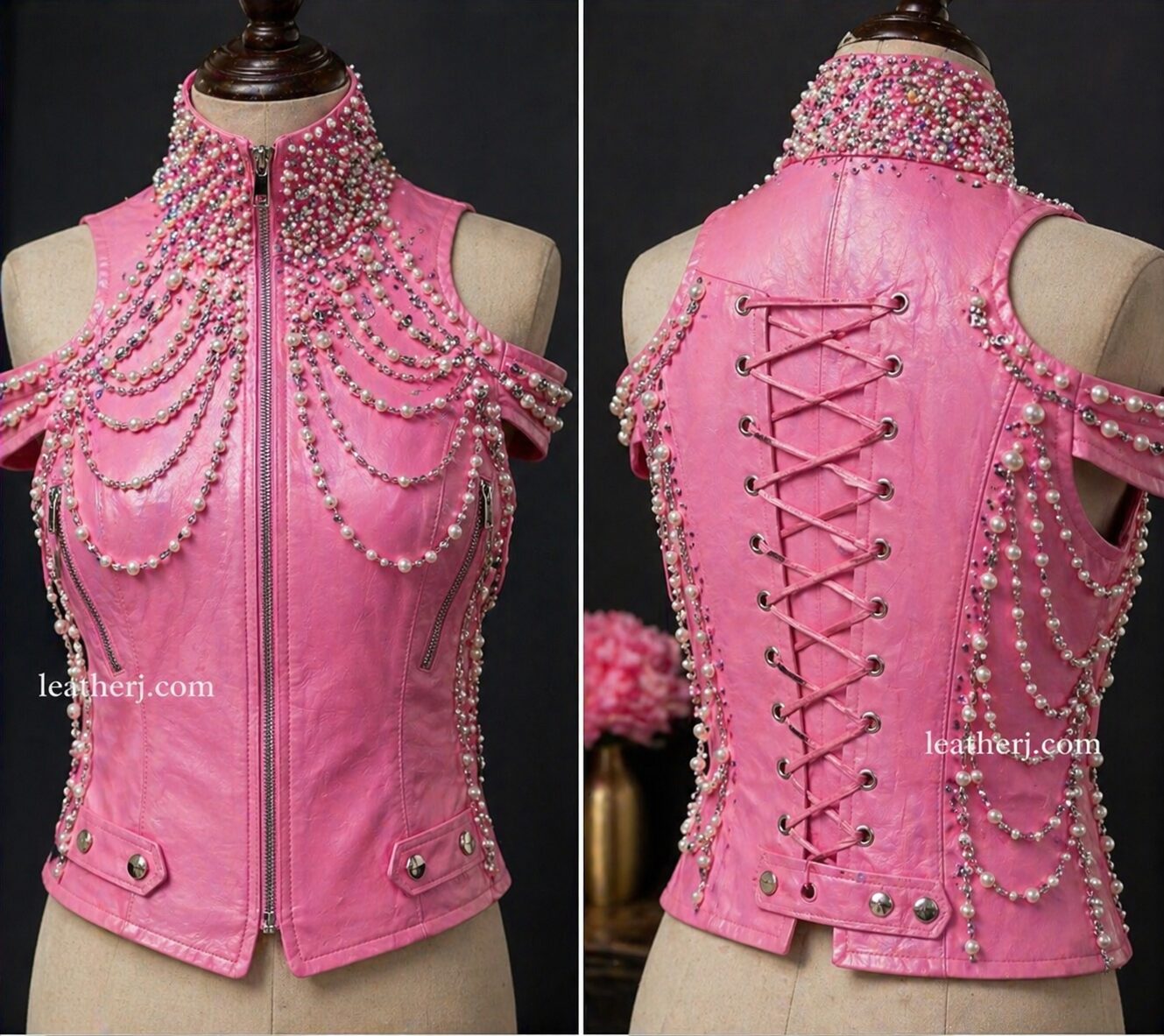 Barbie Pink Off-Shoulder Women’s Leather Vest with Beaded Neckline