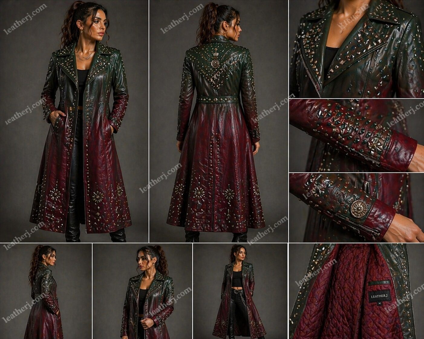 Dark Green & Maroon Ombre Studded Leather Trench Coat