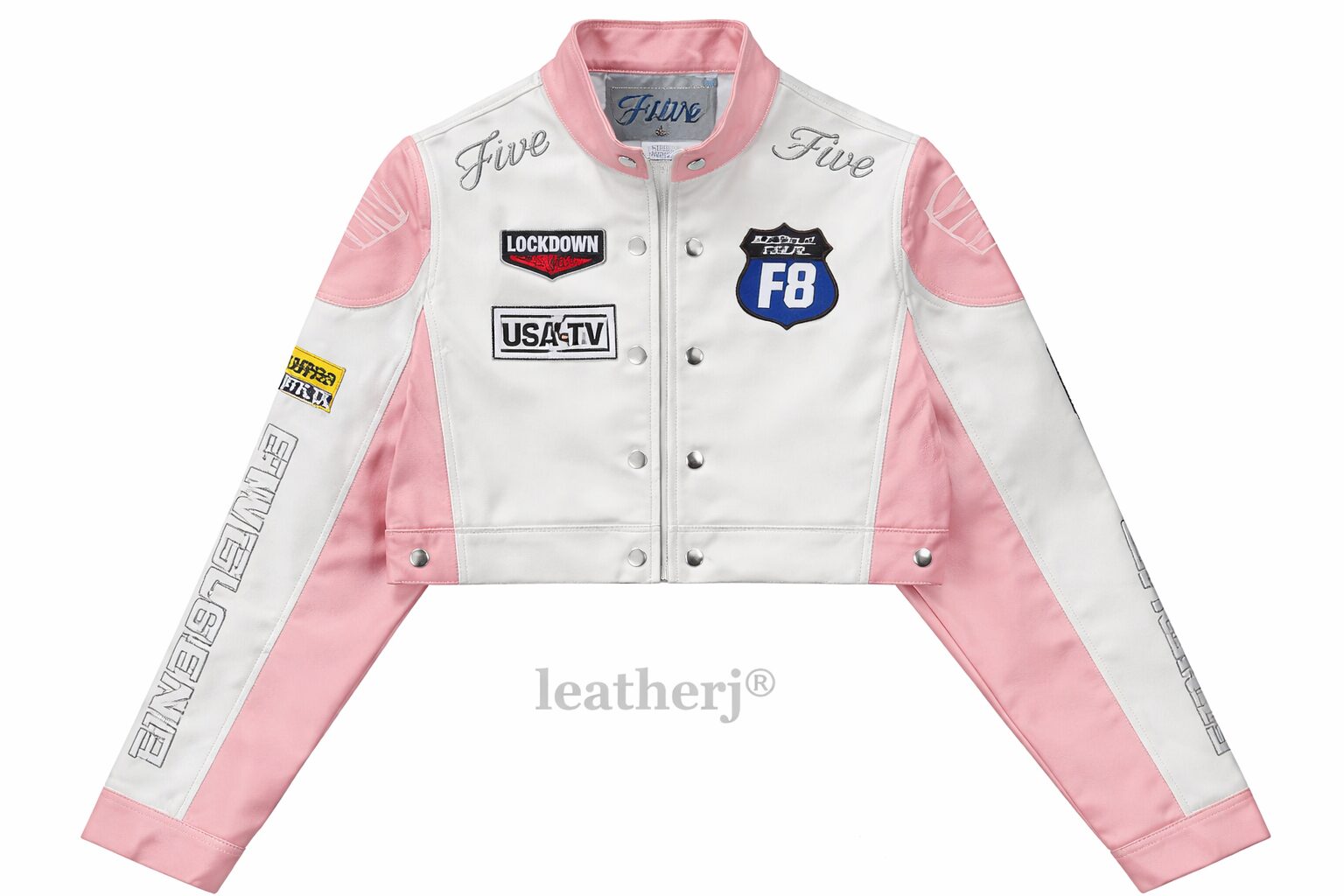 Pink & White Cropped Racing Leather Jacket – LeatherJ Edition