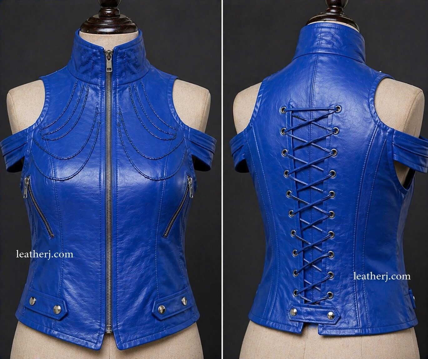 Blue Off-Shoulder Women’s Leather Vest – Minimal Modern Design