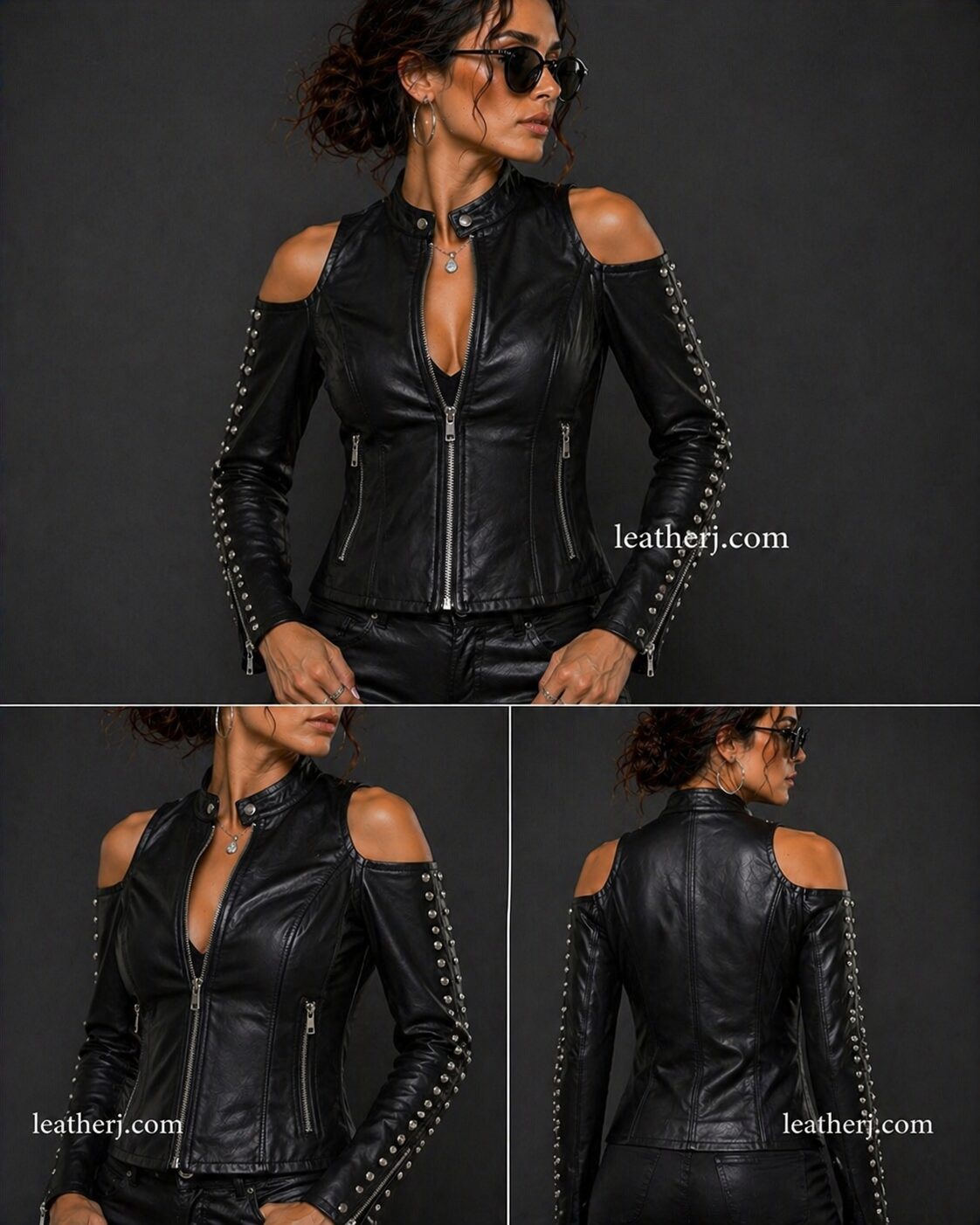 Black Shoulderless Women’s Leather Jacket with Studded Sleeves