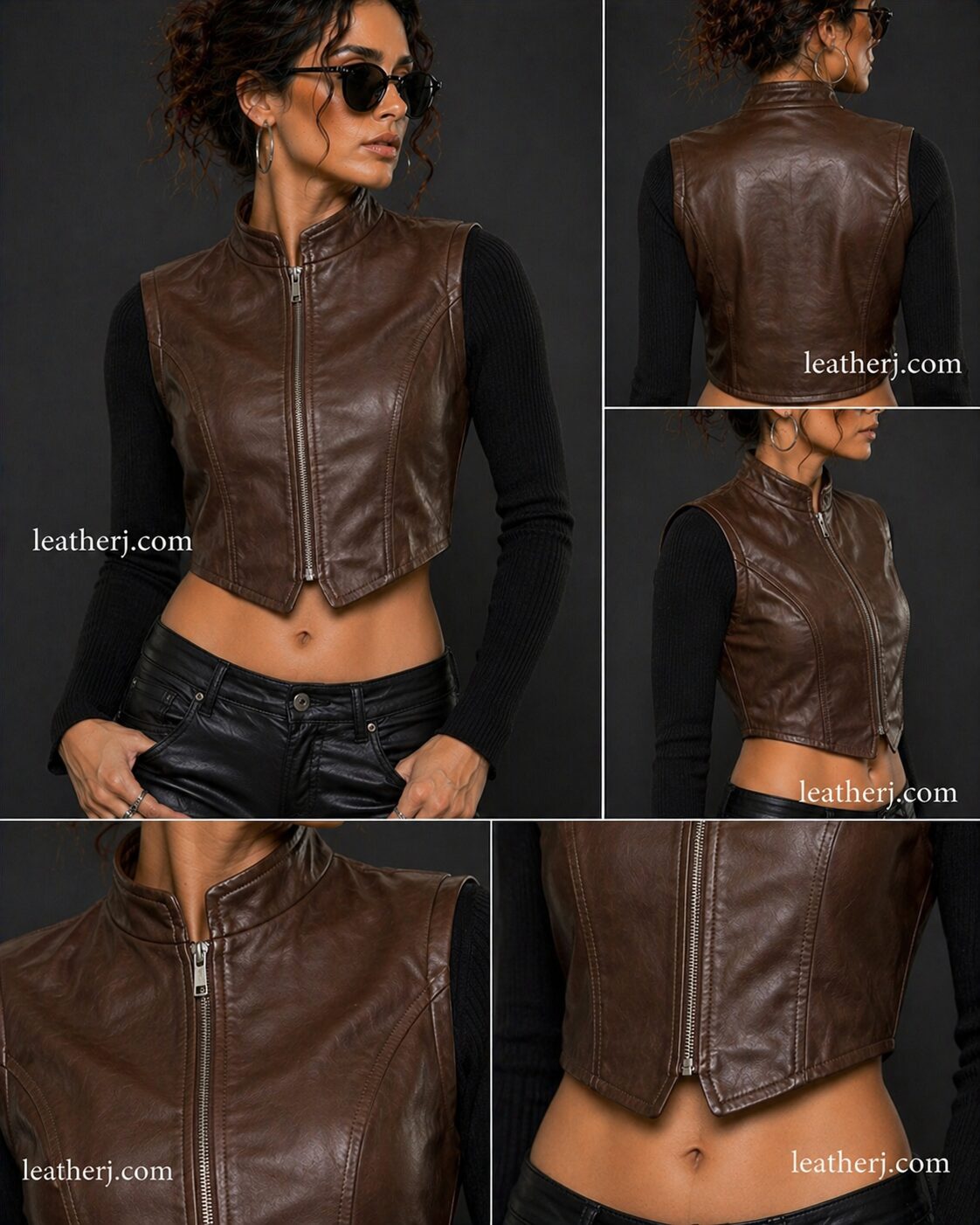 Coffee Brown Cropped Women’s Leather Vest with Front Zip