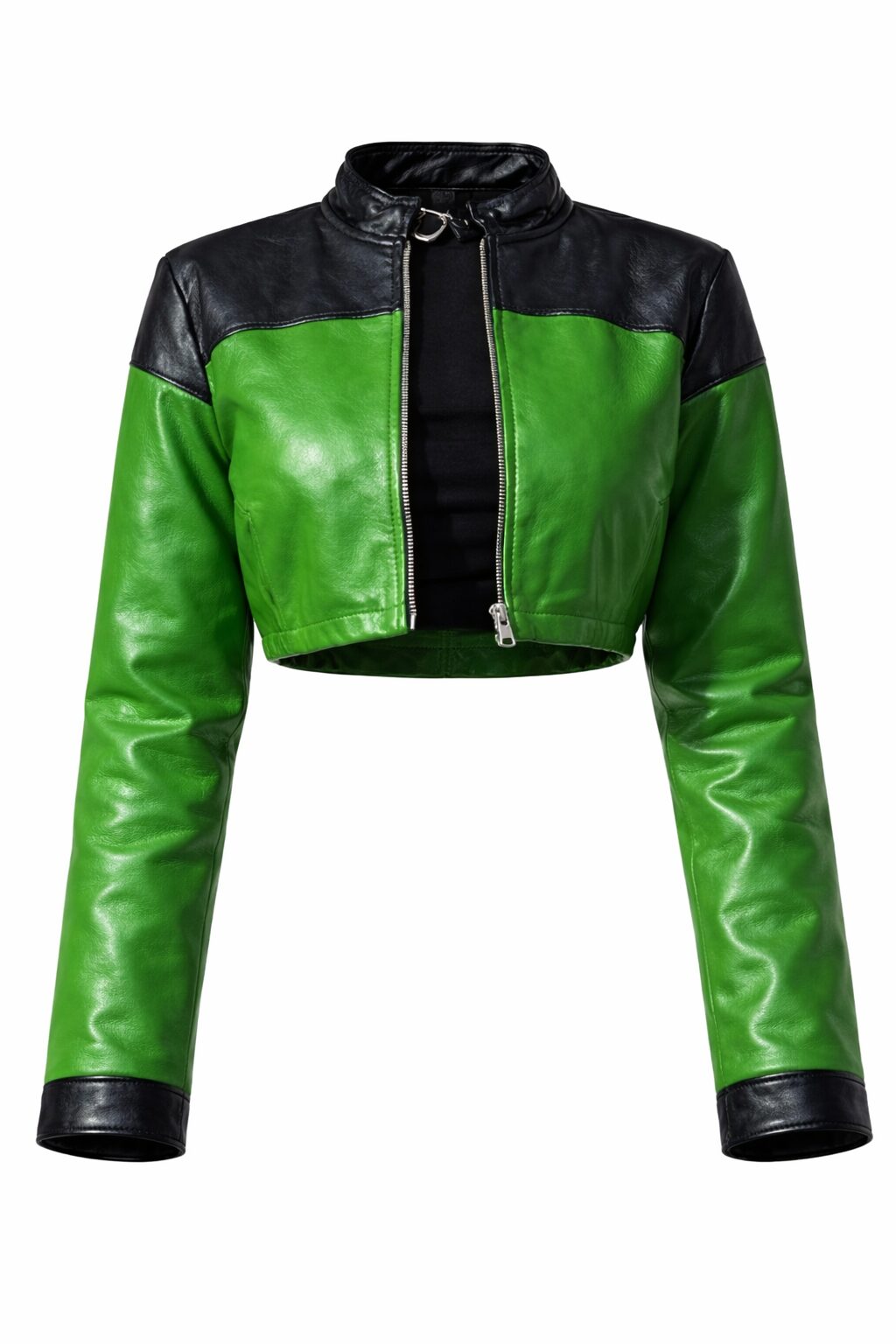 Green & Black Cropped Leather Jacket – Sleek Zip-Up Biker Style