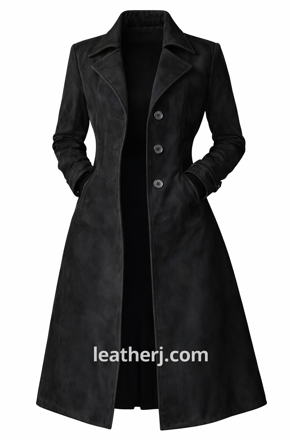 Women’s Black Leather Trench Coat – Long Tailored Classic Style