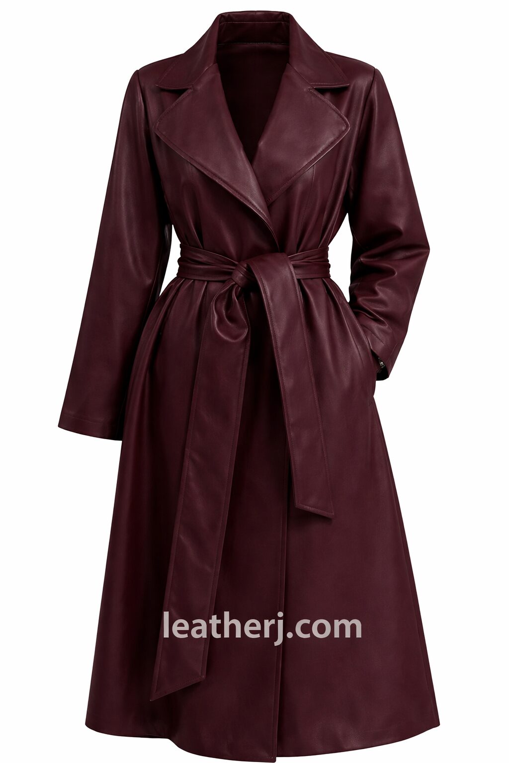 Women’s Burgundy Leather Trench Coat – Belted Long Elegant Overcoat
