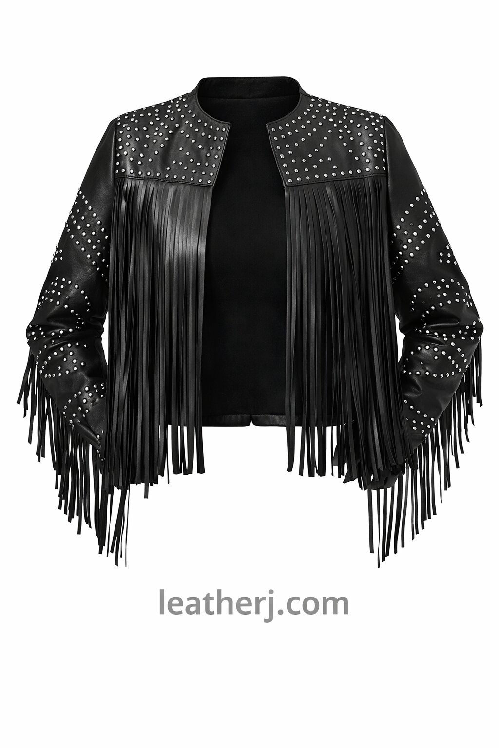 Women’s Black Studded Fringe Leather Jacket – Cropped Western Style