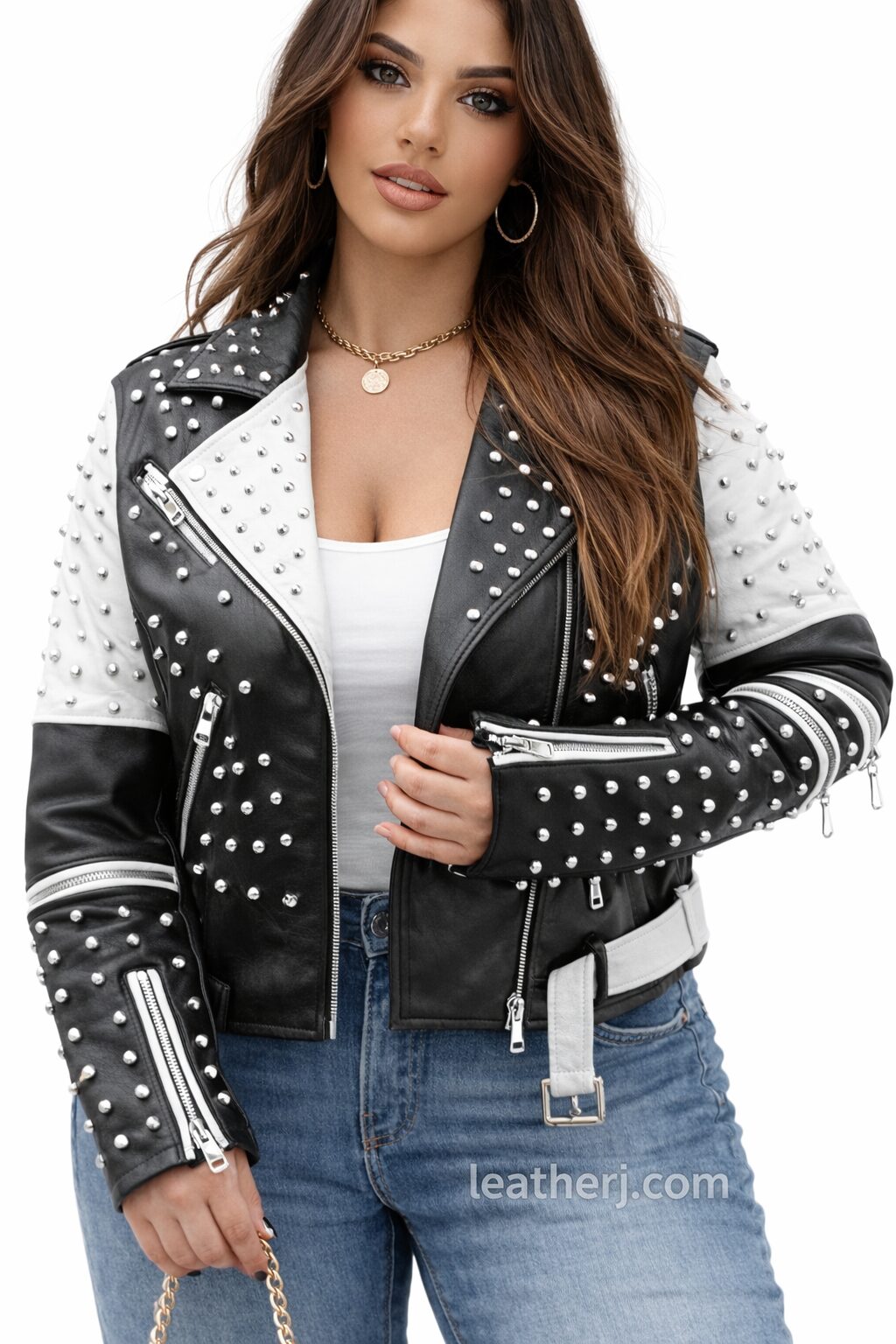 Edgy Black & White Studded Biker Leather Jacket