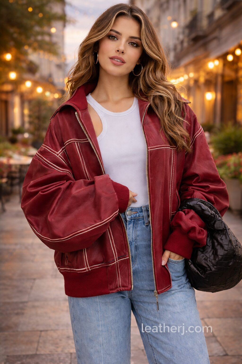 Oversized Red Leather Jacket with Contrast Stitch Detail