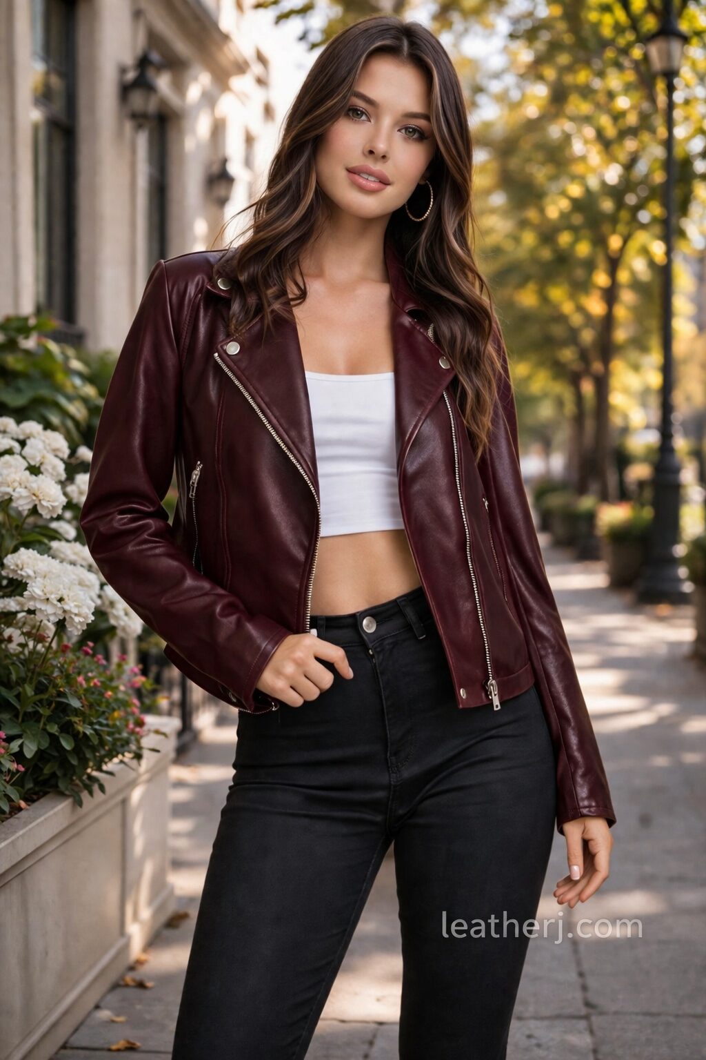 Chic Burgundy Leather Biker Jacket with Slim Fit