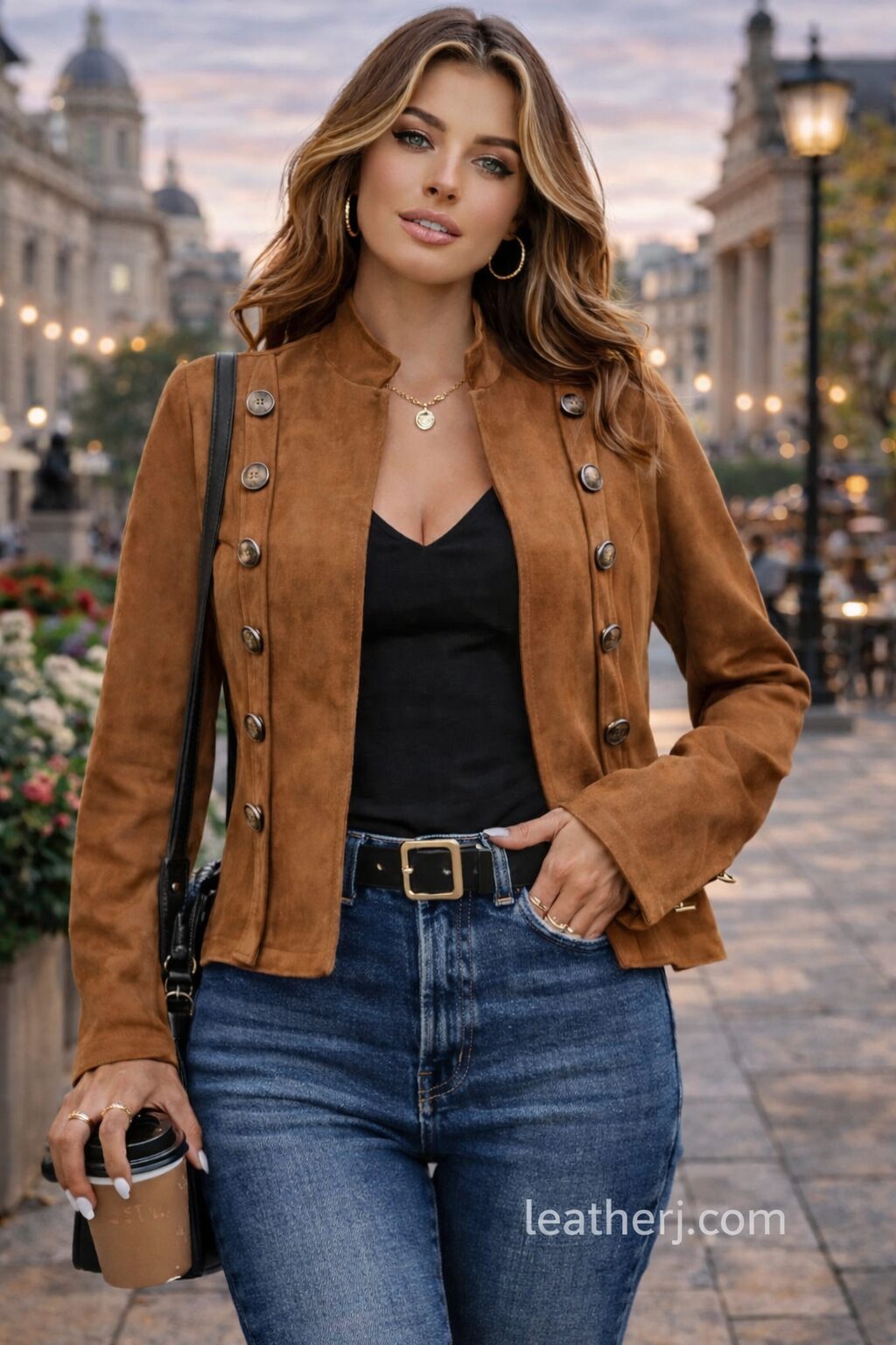 Camel Brown Military Style Leather Jacket with Button Detail