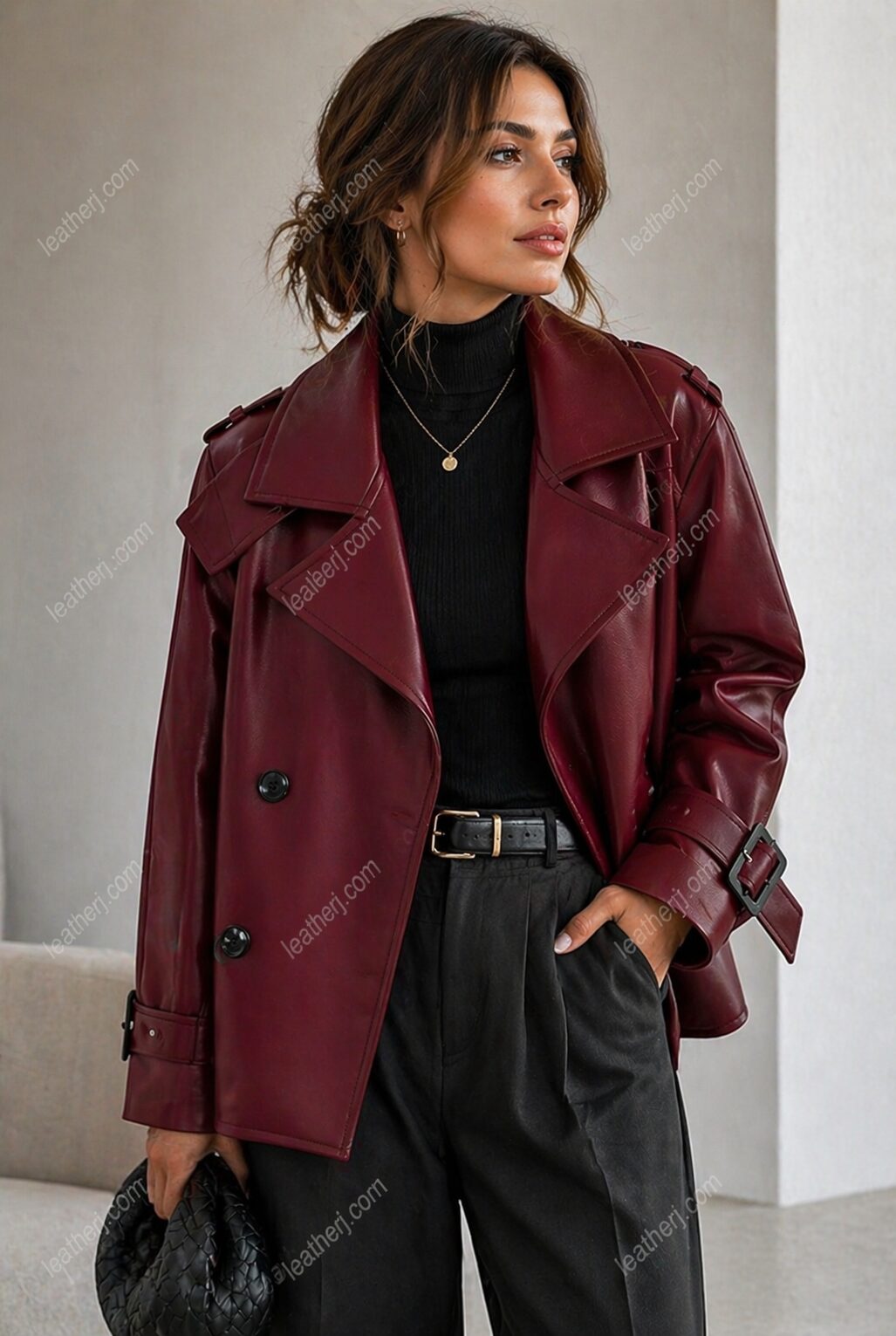 Burgundy Cropped Leather Trench Jacket