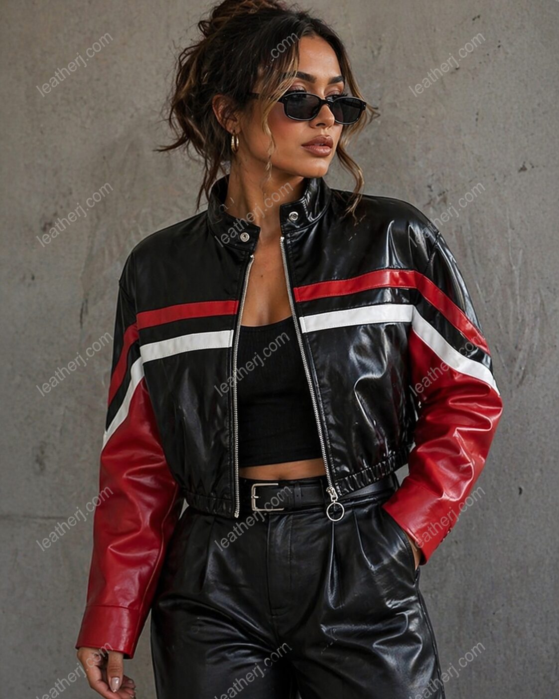 Black & Red Cropped Leather Racing Jacket