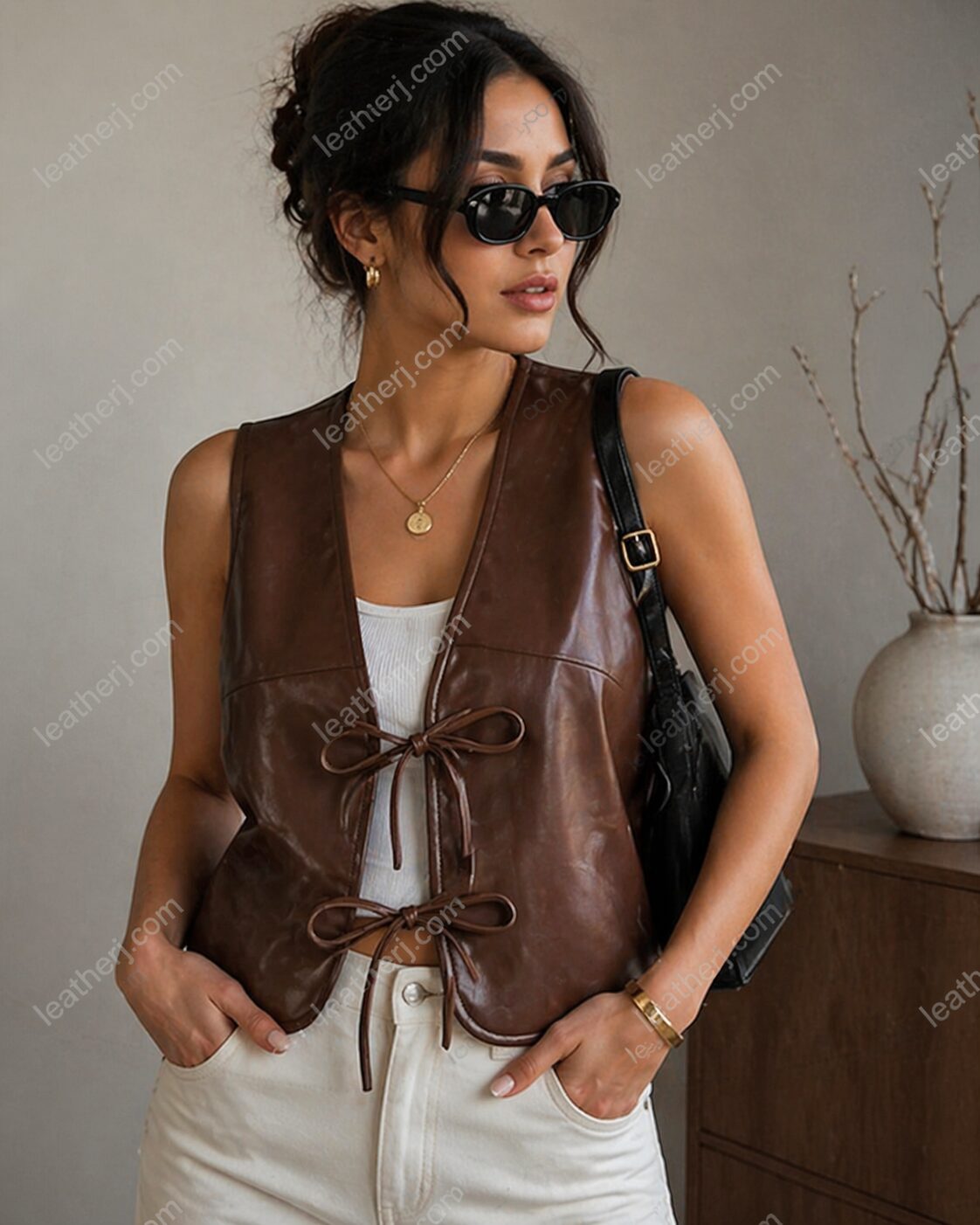 Brown Tie-Front Leather Vest