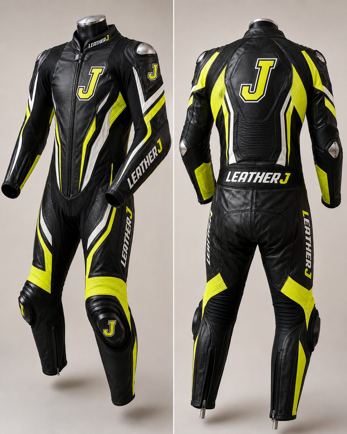 Leather J Apex Pro One-Piece Racing Suit – Black Fluoro Yellow