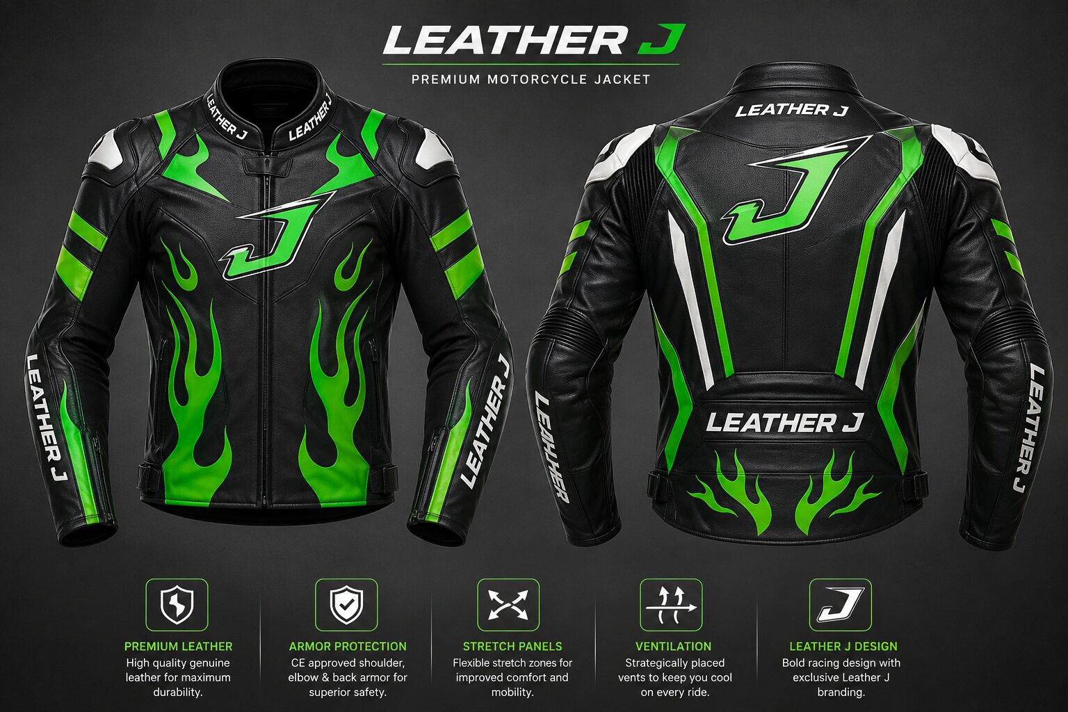 Leather J Premium Motorcycle Jacket Black And Green
