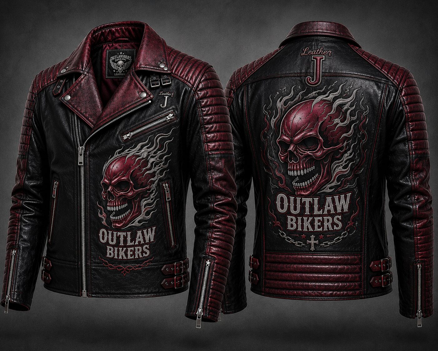Leather J Outlaw Bikers Premium Black & Burgundy Leather Jacket