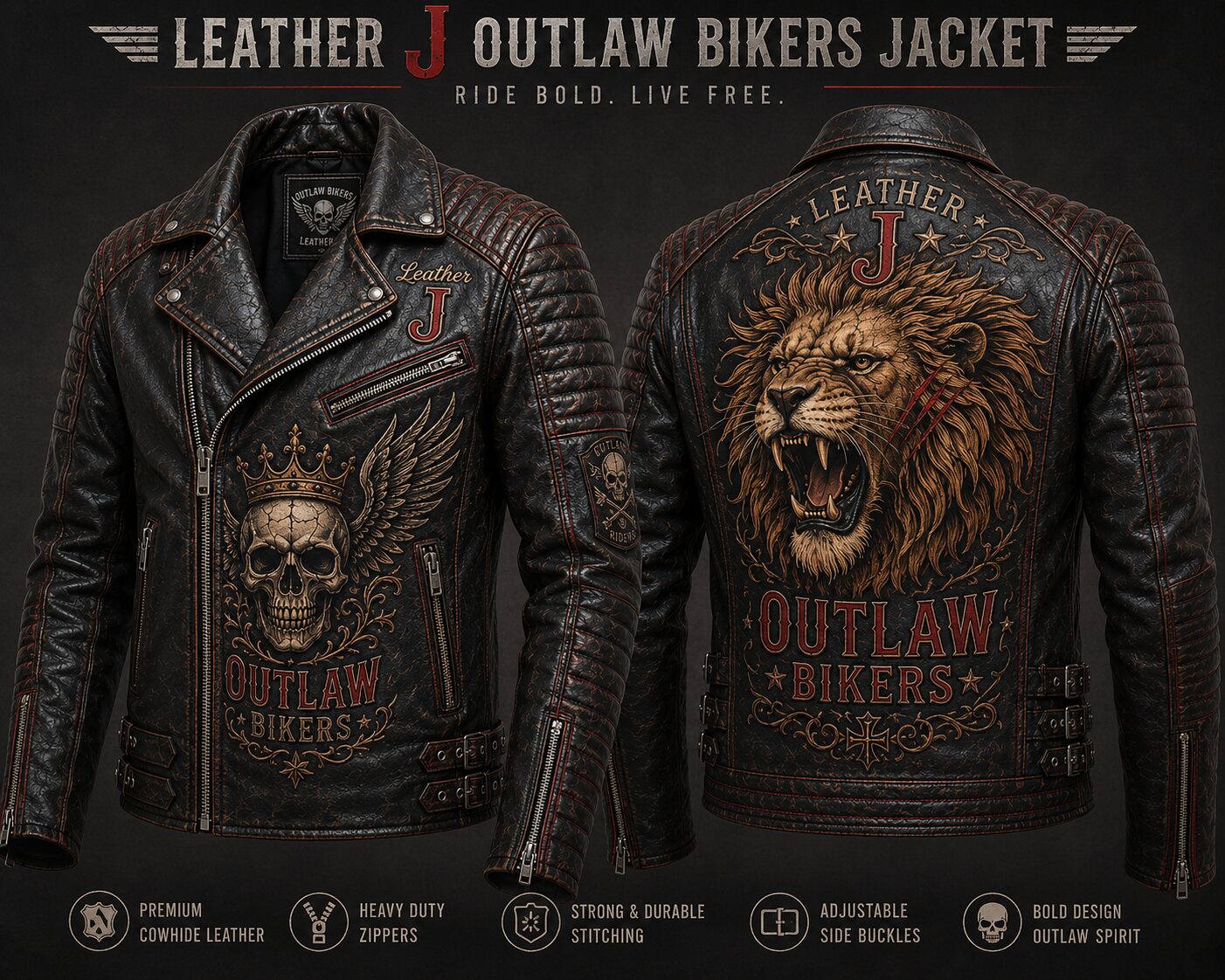 Leather J Outlaw Bikers Roaring Lion Leather Jacket