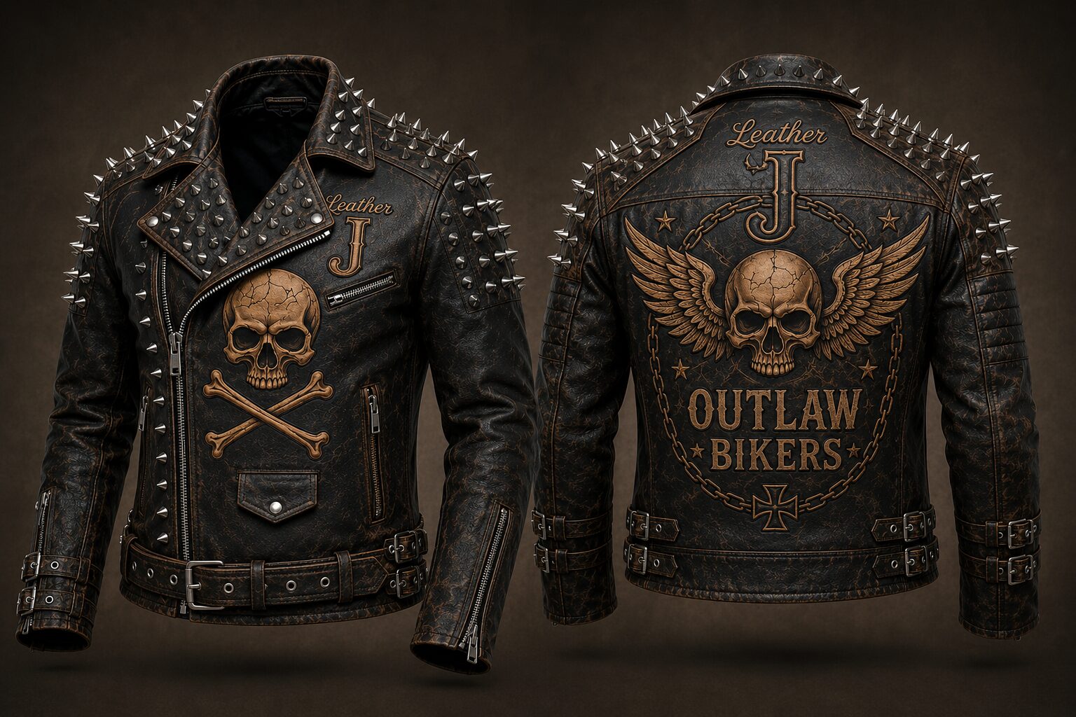 Leather J Outlaw Bikers Spiked Skull Leather Jacket