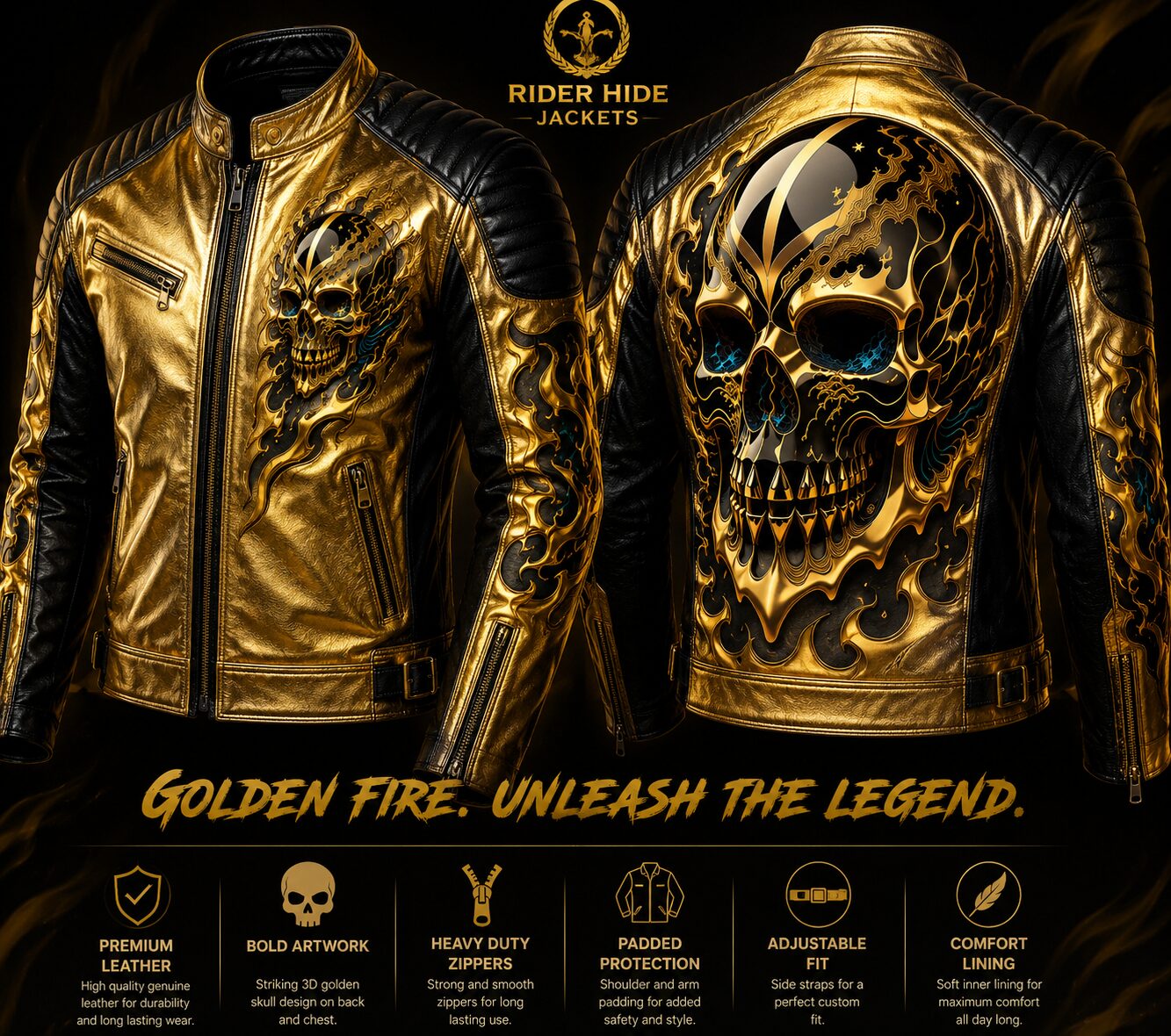 Rider Hide Golden Flame Skull Leather Jacket – Limited Gold Edition
