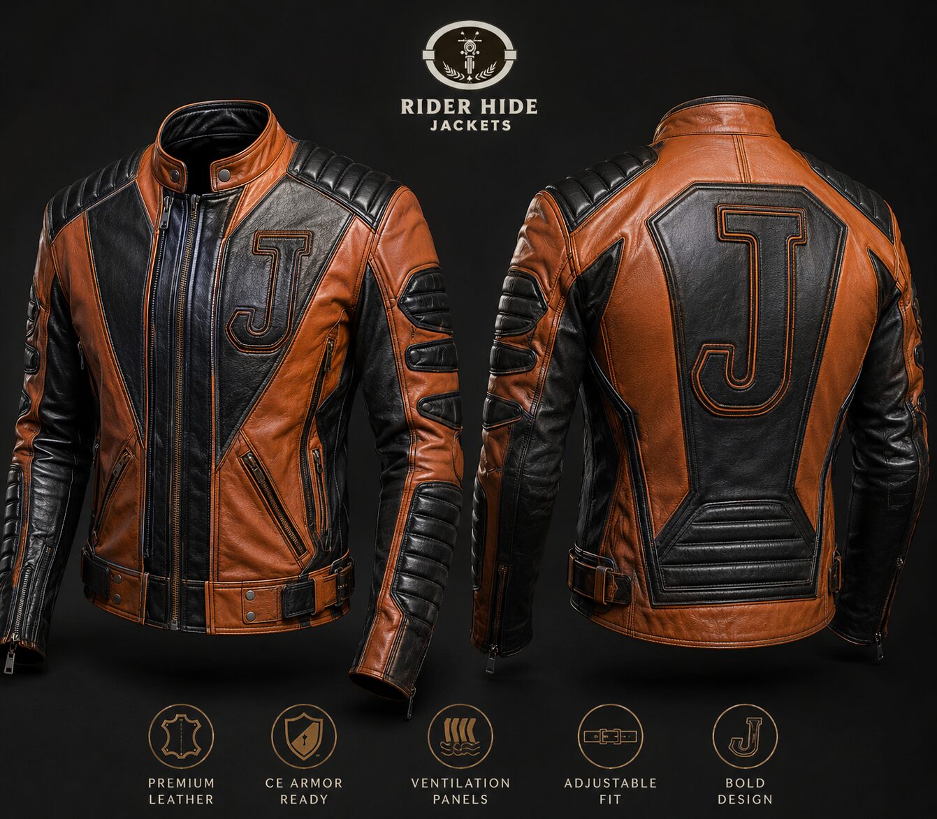 Rider Hide “J” Signature Leather Moto Jacket – Orange & Black