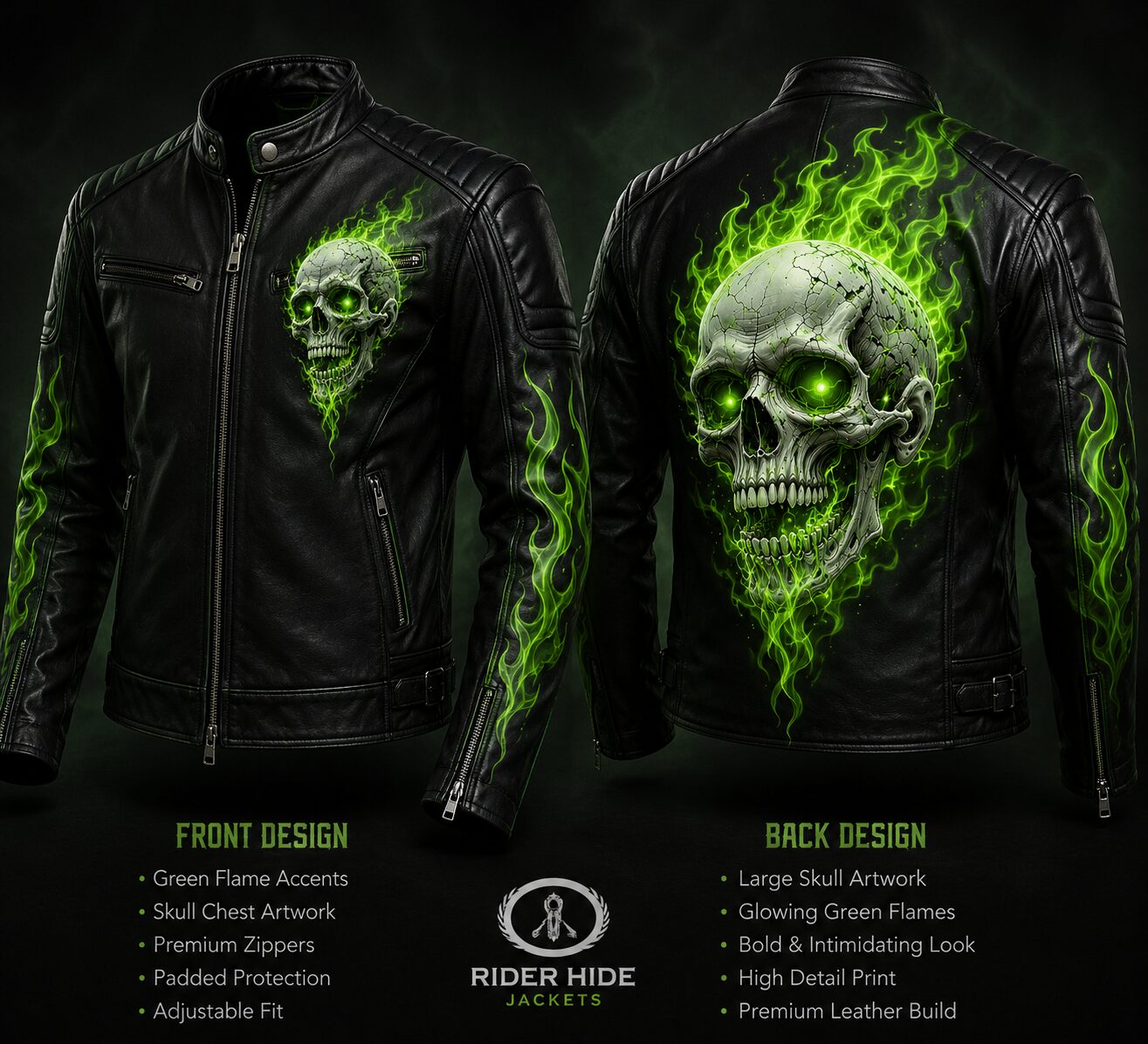 Rider Hide Phantom Skull Leather Jacket – Neon Green Flame Edition