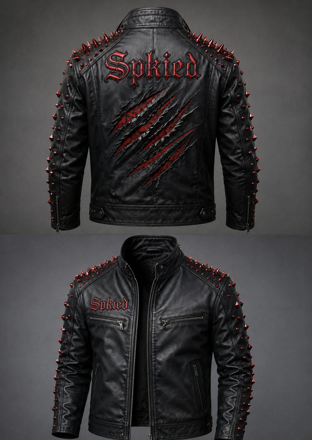 Spkied Gothic Studded Leather Jacket – Black & Red Punk Biker Style