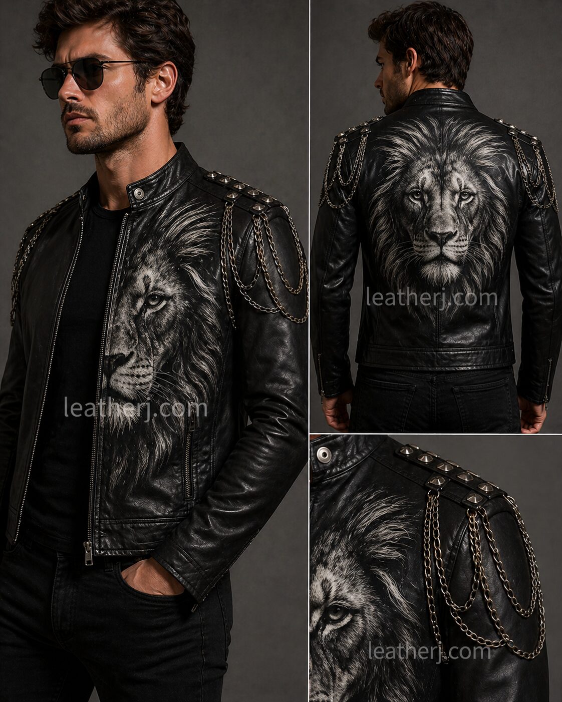 Men’s Black Leather Jacket with Lion Print & Chain Shoulder Detail