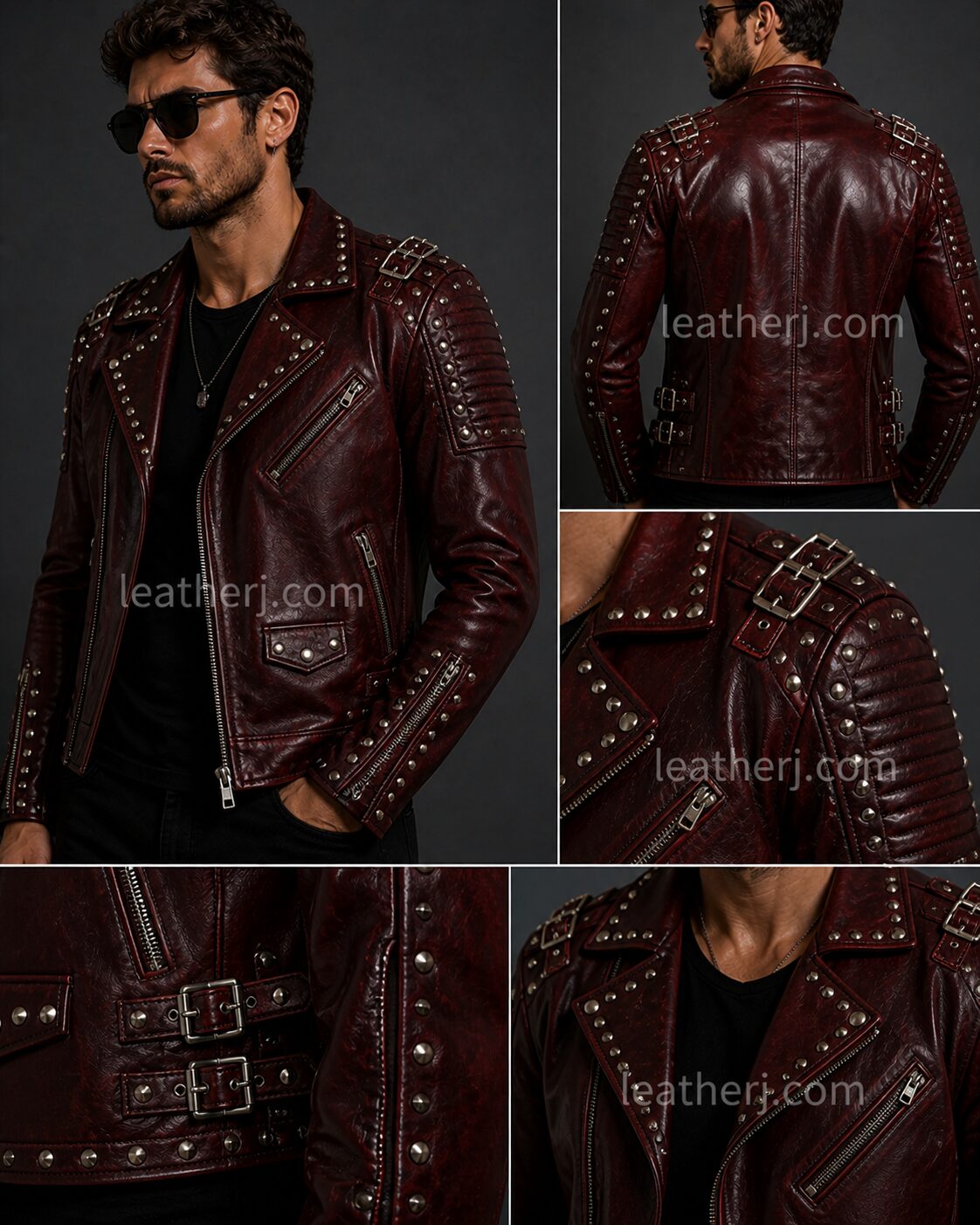 Men’s Blood Maroon Studded Leather Biker Jacket with Buckle Details