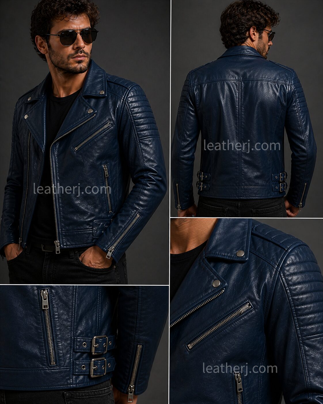 Men’s Dark Blue Leather Biker Jacket with Quilted Shoulders & Buckle Details