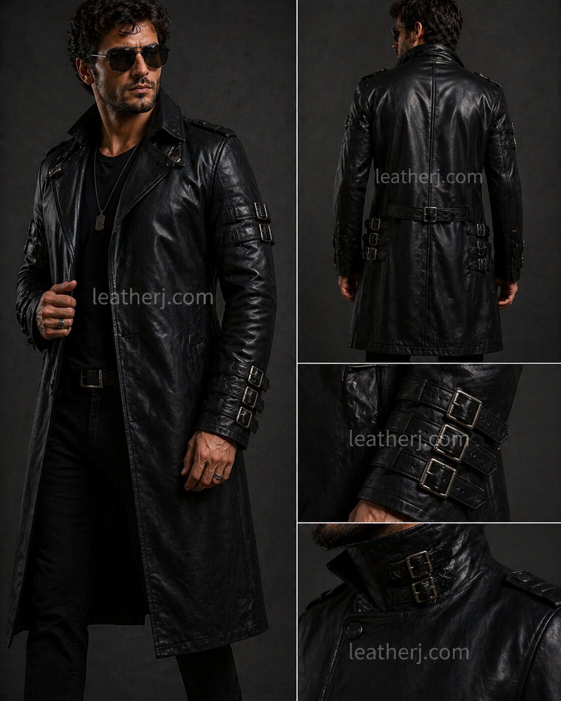 Men’s Long Black Leather Trench Coat with Buckle Strap Details