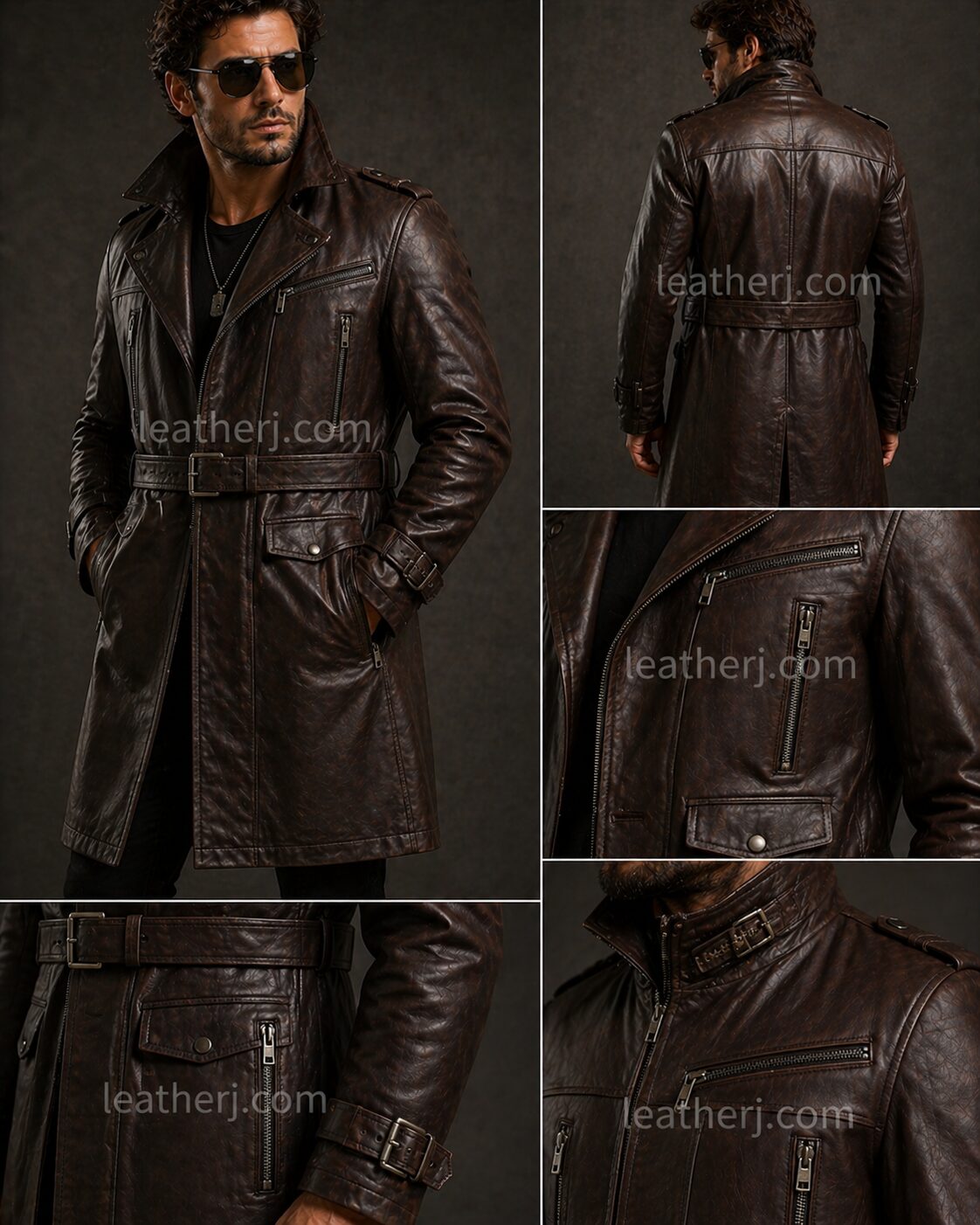 Men’s Coffee Brown Leather Trench Coat with Zipper & Utility Pocket Details