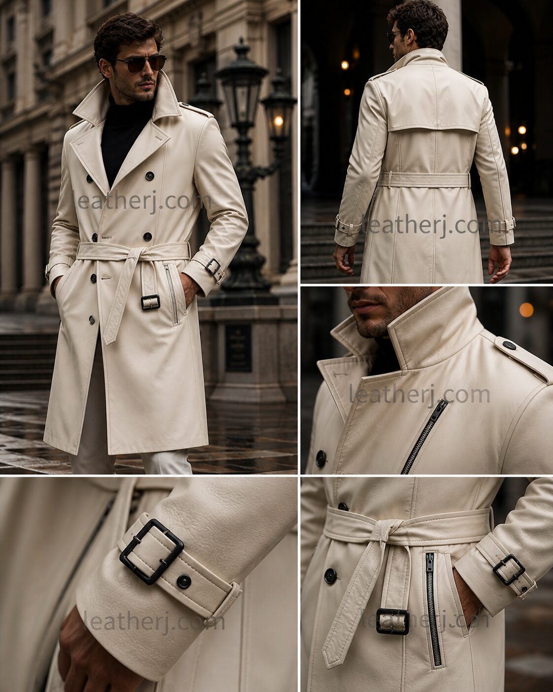 Men’s Off-White Leather Trench Coat – Modern Tailored Style with Belted Fit