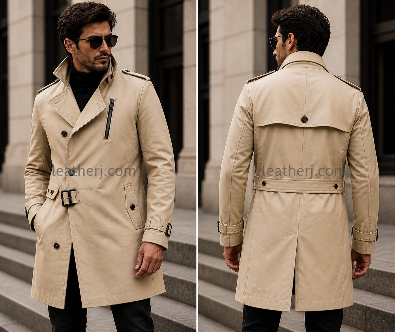 Men’s Beige Leather Trench Coat – Modern Belted Style with Urban Edge