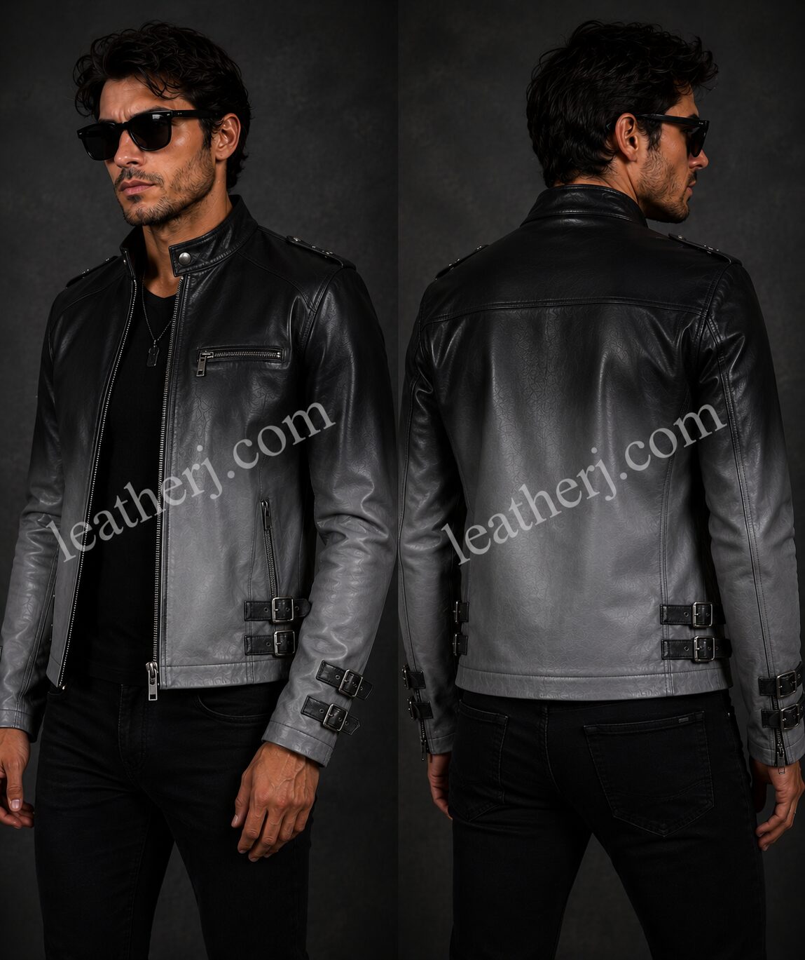 Men’s Black & Grey Ombre Leather Jacket with Buckle Details