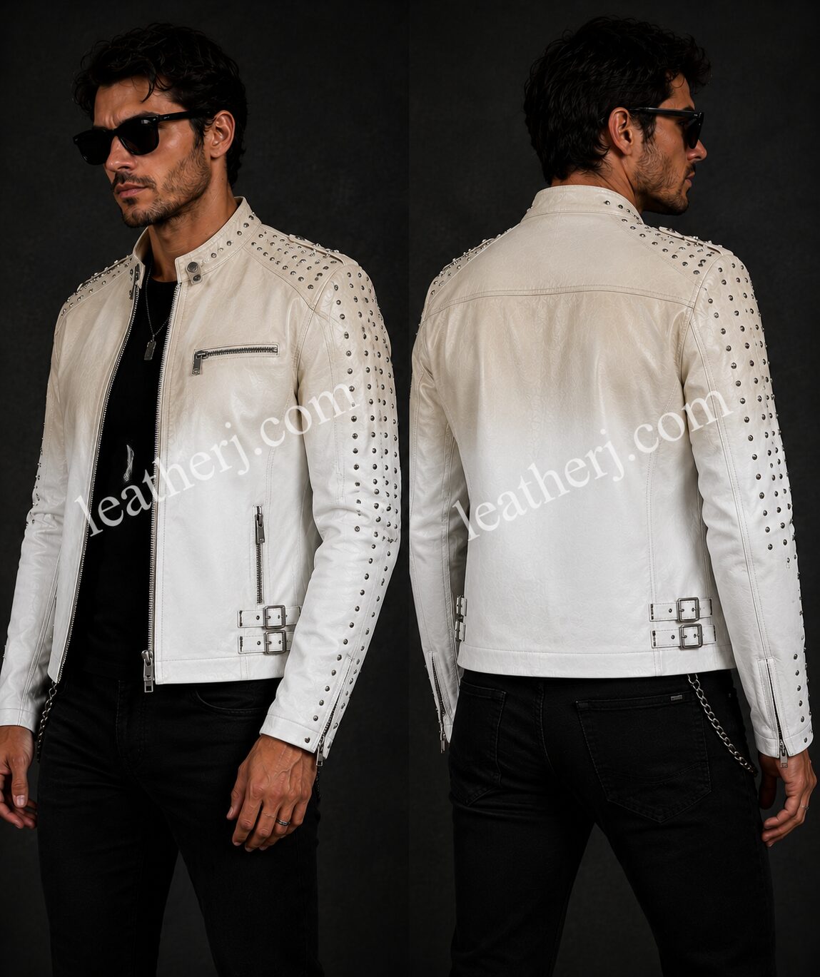 Men’s Off-White & White Ombre Studded Leather Jacket