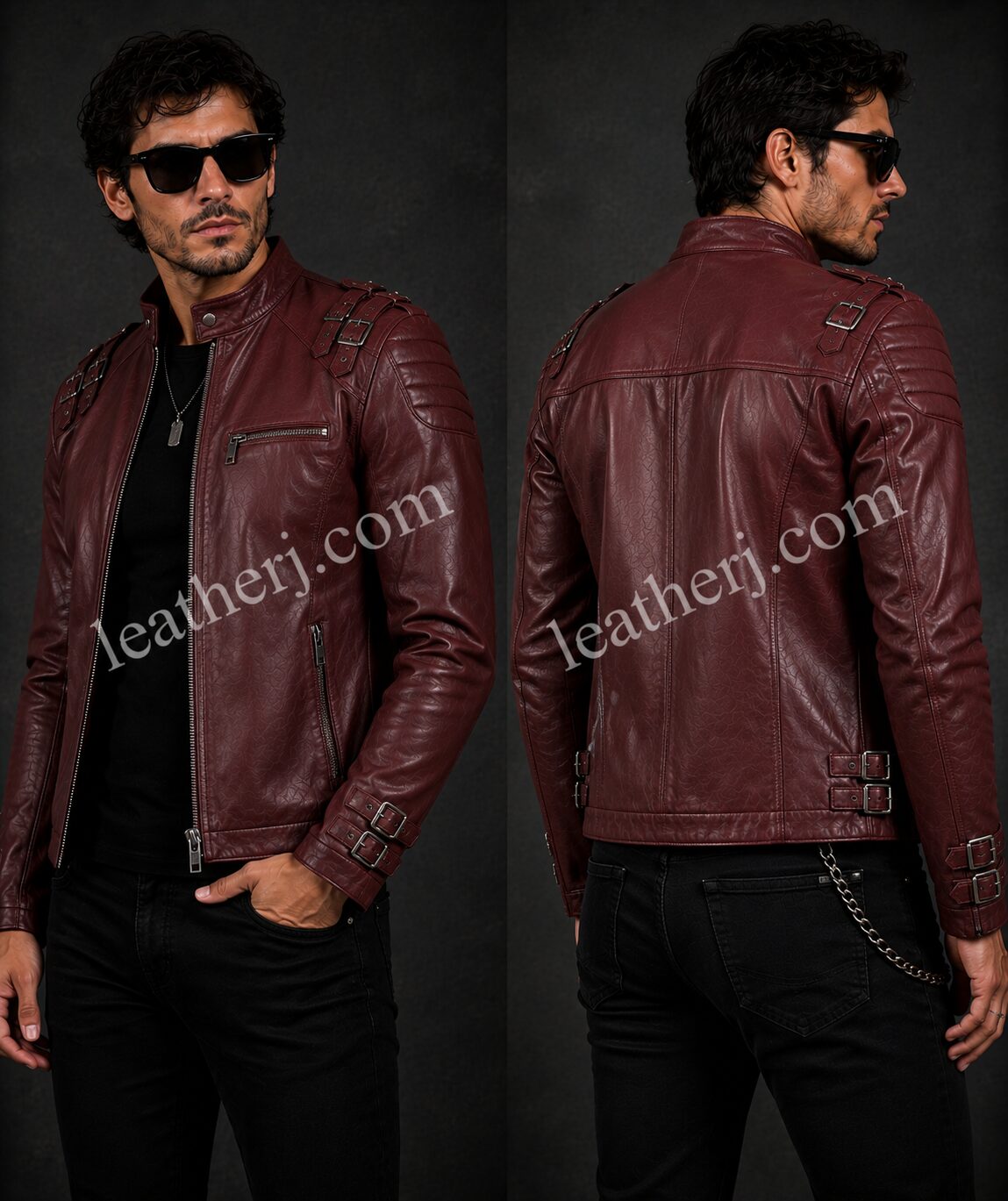 Men’s Maroon Leather Jacket with Shoulder & Sleeve Buckles