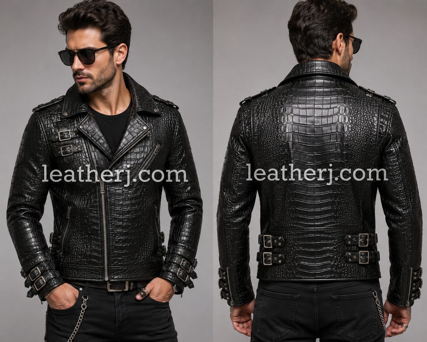 Men’s Black Crocodile Print Leather Biker Jacket with Buckles